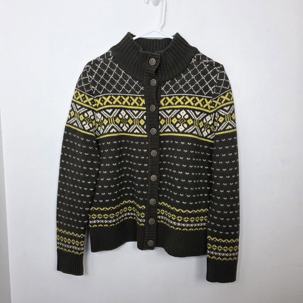 Carve Designs Green White Fair Isle 100% Merino Wool Button Up Cardigan Size XL‎